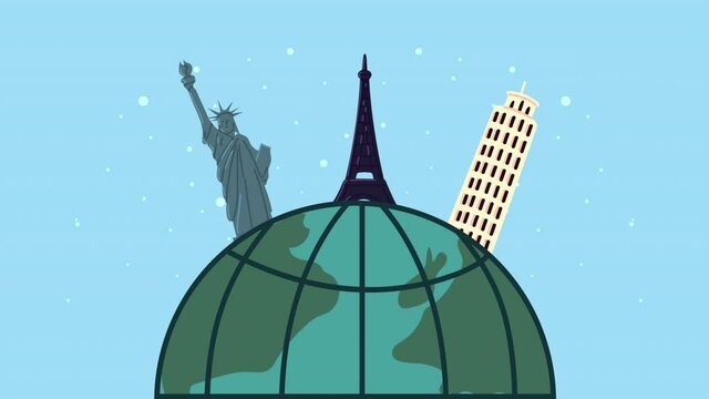 bon voyage animation with landmarks in planet