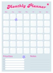 Modern collection of daily weekly monthly planner printable template with retro pink ellements and blue background. Collection of note paper, to do list, stickers. Blank white notebook page A4

