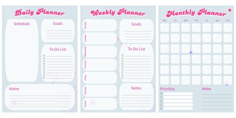 Modern collection of daily weekly monthly planner printable template with retro pink ellements and blue background. Collection of note paper, to do list, stickers. Blank white notebook page A4 - obrazy, fototapety, plakaty