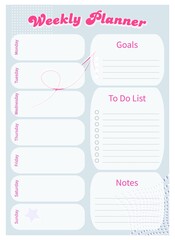 Modern collection of daily weekly monthly planner printable template with retro pink ellements and blue  background. Collection of note paper, to do list, stickers. Blank white notebook page A4