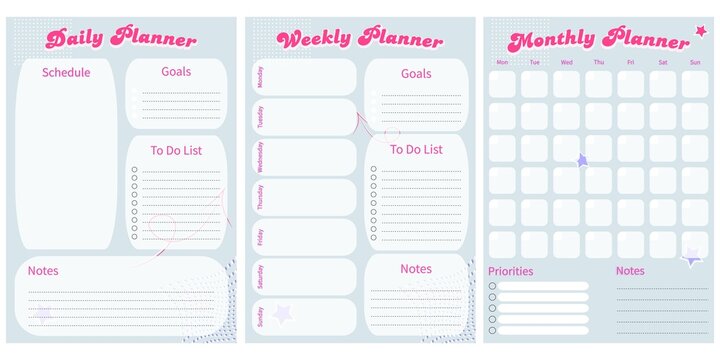 Modern Collection Of Daily Weekly Monthly Planner Printable Template With Retro Pink Ellements And Blue Background. Collection Of Note Paper, To Do List, Stickers. Blank White Notebook Page A4