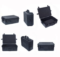 large set of black safety briefcase isolated on white background,