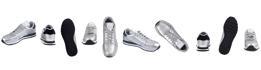 line of the same sport shoe in various poses on a white background