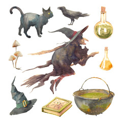 Watercolor witch set. Isolated illustrations on white background: witch on broom, poisons, black cat, mushrooms. Halloween clipart