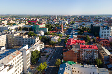 Naklejka premium Aerial view of Samara city with Volga river in the sunset, urban cityscape