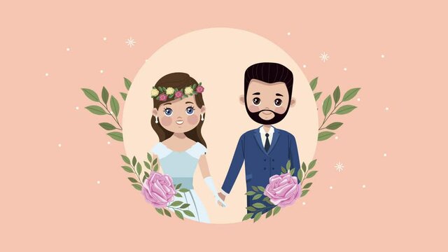 wedding couple lovers with pink flowers circular frame