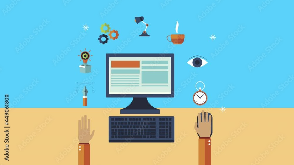 Poster creative process animation with designer working in desktop