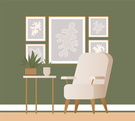 Living room interior design concept. Beige retro armchair with wooden legs, marble stone side table, abstract linear home posters, green plants. Colorful flat vector illustration green wallpapers.