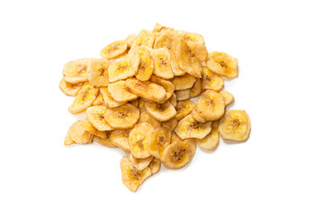 Banana chips isolated on a white background. Dehydrated banana.