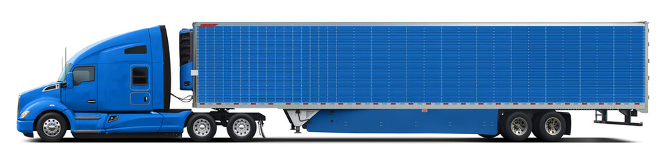 A large modern American truck in all blue color. Side view isolated on white background.