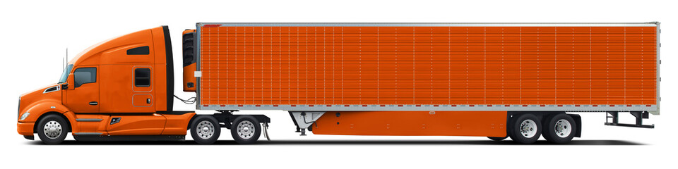 A large modern American truck in all orange color. Side view isolated on white background.