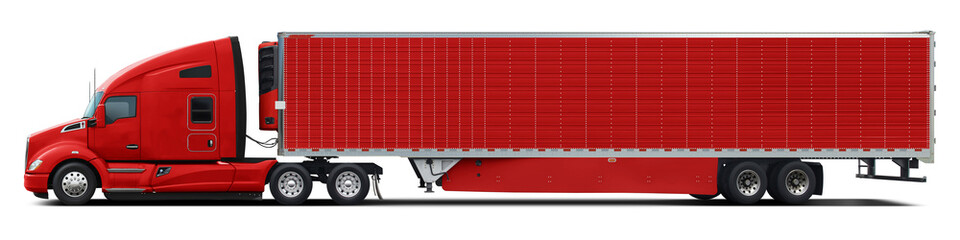 A large modern American truck in all red color. Side view isolated on white background.