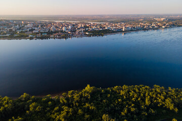 Aerial view of Samara city with Volga river in the sunset