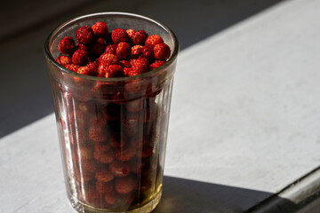 Wild strawberries in the glass on the old windowsill lit by the sun. Close up