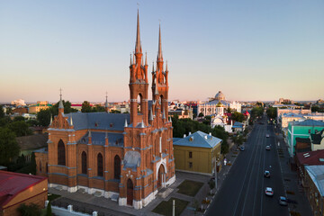 Fototapeta premium Aerial view of beautiful catholic church in Samata city in gothic style