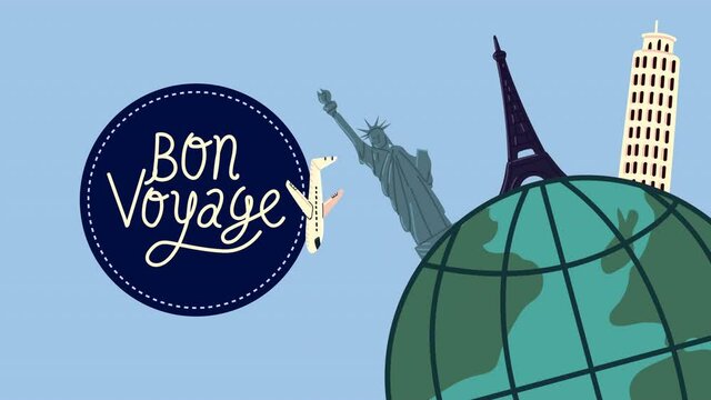 bon voyage lettering with airplane flying and landmarks