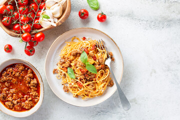 Pasta with Bolognese sauce. Parmesan cheese, basil, spaghetti with minced meat and tomato sauce on a light gray background. Top view.