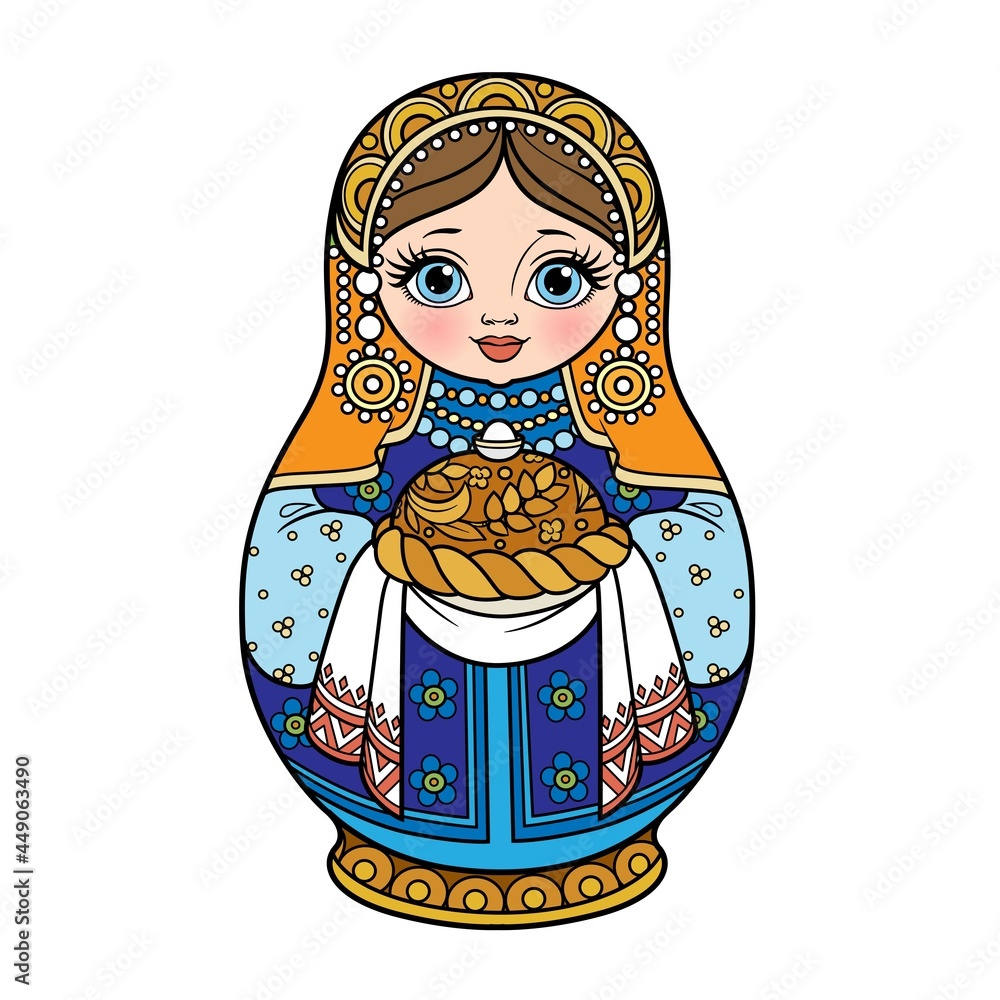 Wall mural Russian traditional nest doll Matrioshka with loaf with salt blue and orange color variation for coloring page isolated on white background