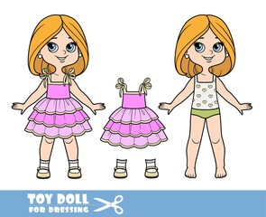 Cartoon girl with bob hairstyle in underwear ,dressed and clothes separately - pink three-tiered sundress, beige sandals doll for dressing