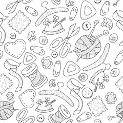 Sewing accessories seamless vector pattern. For design, wrapping paper and wallpaper. Black and white sewing accessories pattern. Vector illustration. Hand-drawn. Flat design.