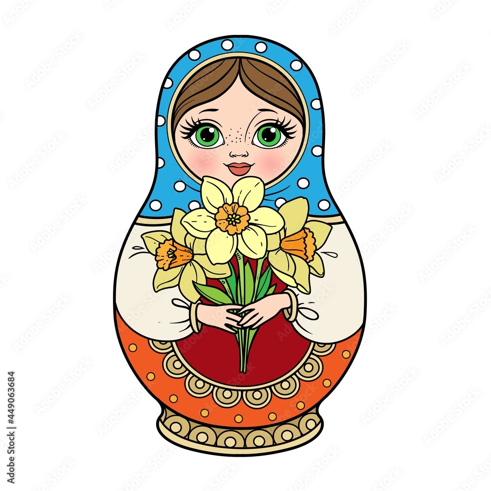 Poster Russian traditional nest doll Matrioshka with a bouquet of daffodils in hand blue and red color variation for coloring page isolated on white background