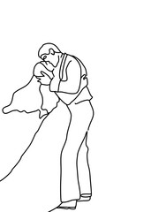 One continuous line drawing, of newlyweds holding hands taking pre-wedding