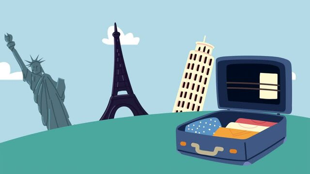 bon voyage animation with landmarks and suitcase