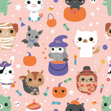 Halloween seamless pattern with cute kawaii animals in costumes. Funny cartoon characters - hedgehog, bear, bunny, cat, dog, owl, squirrel, pony and bat. Vector illustration.