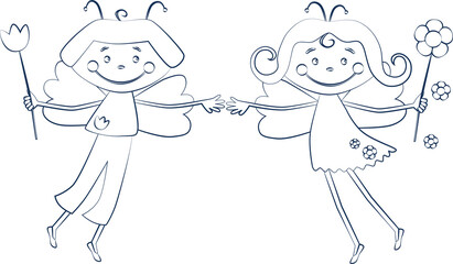 Vector contour drawings of two flying cheerful cartoon elves