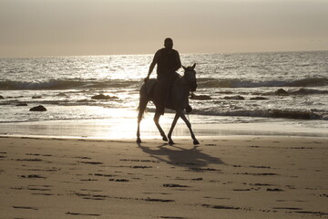 Hombre montando caballo en la playa al atardecer