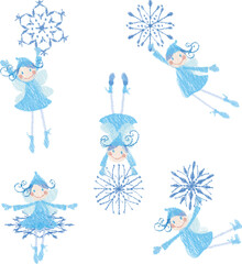 Vector doodle drawings of cheerful winter elf girls flying with snowflakes