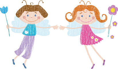 Vector doodle drawings of two flying cheerful cartoon elves