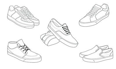 set of 5 outline Cool Sneakers. Shoes sneaker outline drawing vector, Sneakers drawn in a sketch style, sneaker trainers template outline, Set Collection. vector Illustration.
