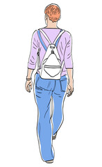 Vector outline drawing of casual young modern city woman with white backpack walking outdoors