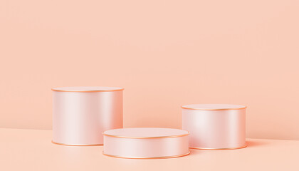 Beige luxury podiums or pedestals for products or advertising on pastel peach colored background, 3d render