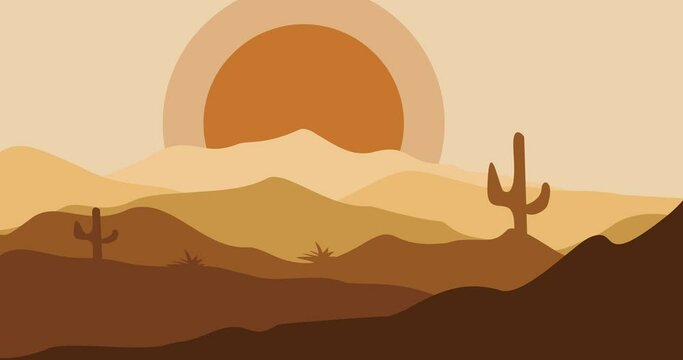 mountain desert cactus sun panorama vector color background animation 4k video