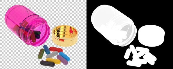 Bottle with pills isolated on background with mask. 3d rendering - illustration