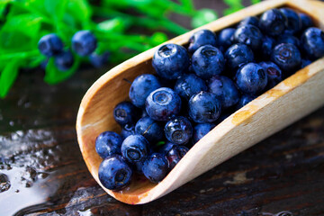 Ripe wild blueberries in a wooden spoon on a wet table