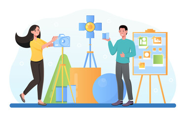 Photography processing workshop, photo portfolio creation. Taking photo precess. Check, set camera before shoot. Flat cartoon illustration vector concept design isolated on white background