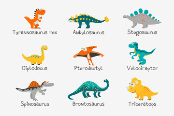 Vector Cute and Funny Flat Dinosaurs with Titles - T-rex, Stegosaurus, Velociraptor, Pterodactyl, Brachiosaurus, Ankylosaurus, Diplodocus, Spinosaurus, Brontosaurus, Triceratops. Dinosaur Set Isolated © gomolach