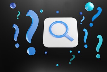 3D magnifying glass, blue search icon on black background with blue beads and blue question marks