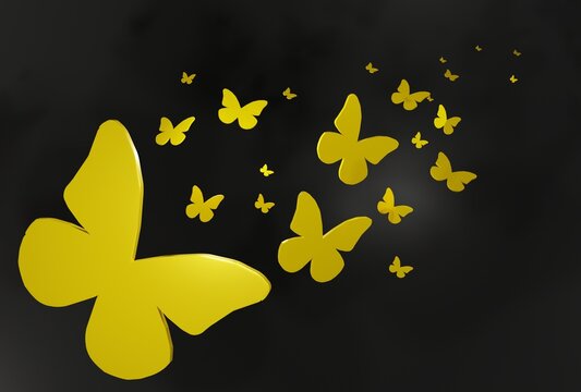 3D yellow-golden butterflies icon on black background