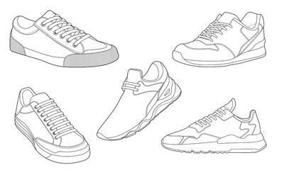 set of 5 outline Cool Sneakers. Shoes sneaker outline drawing vector, Sneakers drawn in a sketch style, sneaker trainers template outline, Set Collection. vector Illustration.