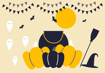 Happy Halloween banner or party invitation. Cartoon vector illustration. Full moon in the sky, spiders web and flying bats. Broom, bowler, ghost. Cartoon flat illustration.