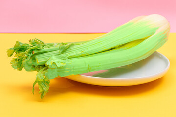 Fresh Celery Stalk on White Dish. Vegan and Vegetarian Culture. Raw Food. Healthy Diet with Negative Calorie Content