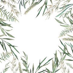 Round floral frame. Watercolor greeting card design with green leaves and branches isolated on white background. Eucalyptus, fern plants illustration