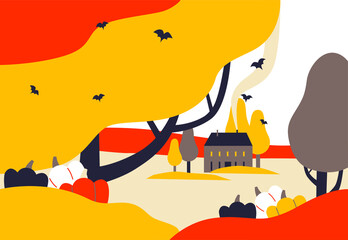 Happy Halloween vector illustration. House, pumpkin, bats, decorate for Halloween home backyard and autumn landscape on background. Stylized autumn forest and mysterious house on background.