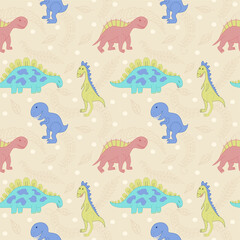 Seamless vector pattern with cartoon dinosaurs and leaves. Cute hand-drawn dinosaurs. Pattern for baby bedding, wrapping paper