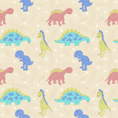 Seamless vector pattern with cartoon dinosaurs and leaves. Cute hand-drawn dinosaurs. Pattern for baby bedding, wrapping paper