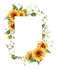 Sunflower banner. Watercolor floral frame. Yellow flowers for rustic wedding invitation, thanksgiving decoration, save the date card, fall design ets. Illustration isolated on white background